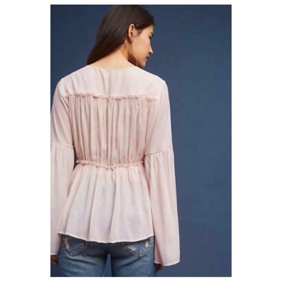 Anthropologie Pink Flare Sleeve V-Neck Blouse - Picture 2 of 7